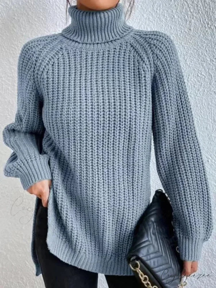 Turtleneck Split Crochet Heavy Sweater light blue / S swraters-241228