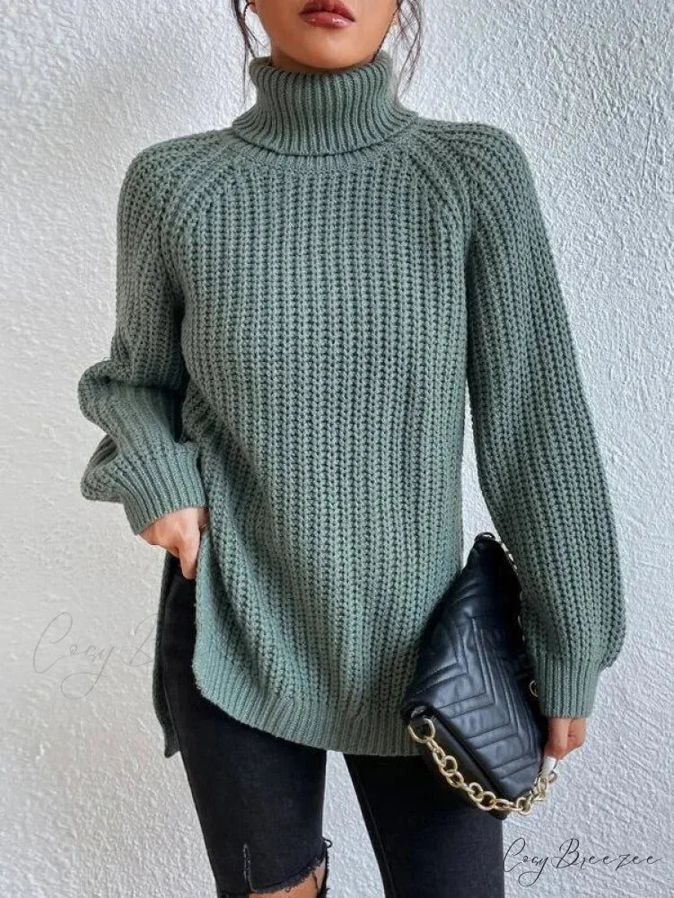 Turtleneck Split Crochet Heavy Sweater light green / S swraters-241228
