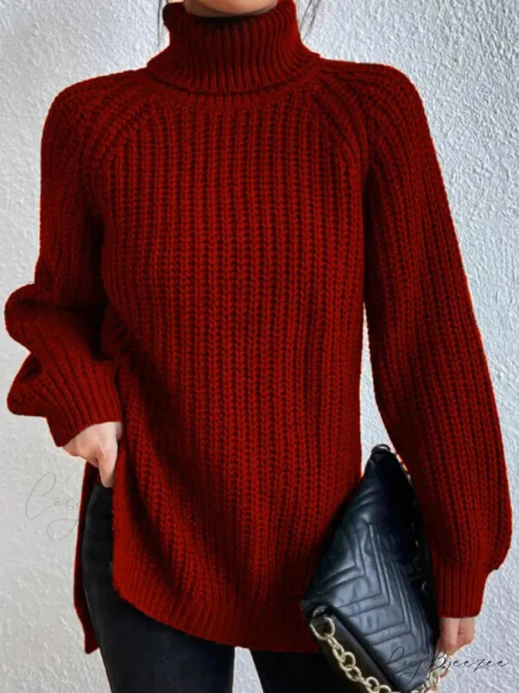 Turtleneck Split Crochet Heavy Sweater Red / S swraters-241228
