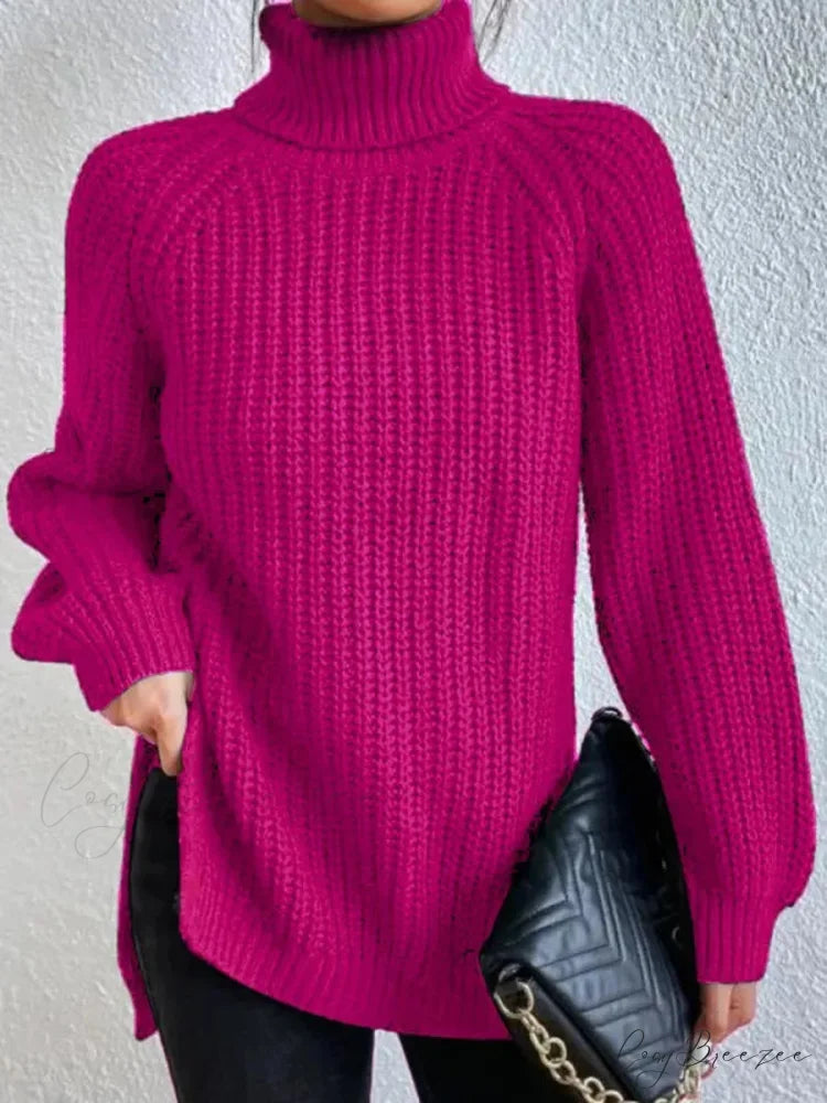 Turtleneck Split Crochet Heavy Sweater rose red / S swraters-241228