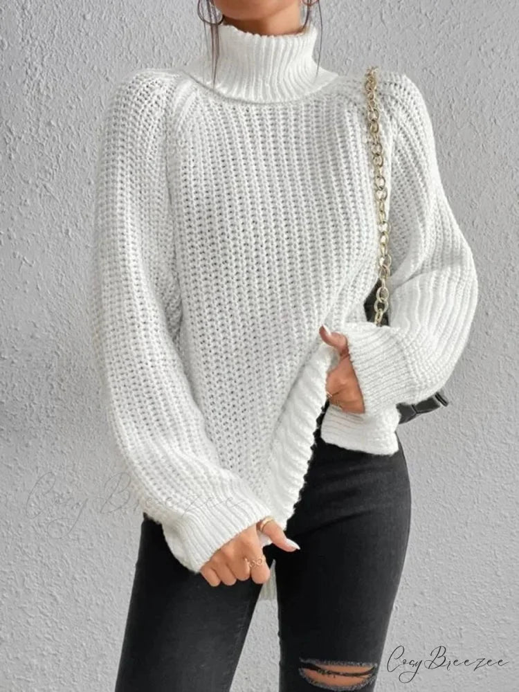 Turtleneck Split Crochet Heavy Sweater White / S swraters-241228