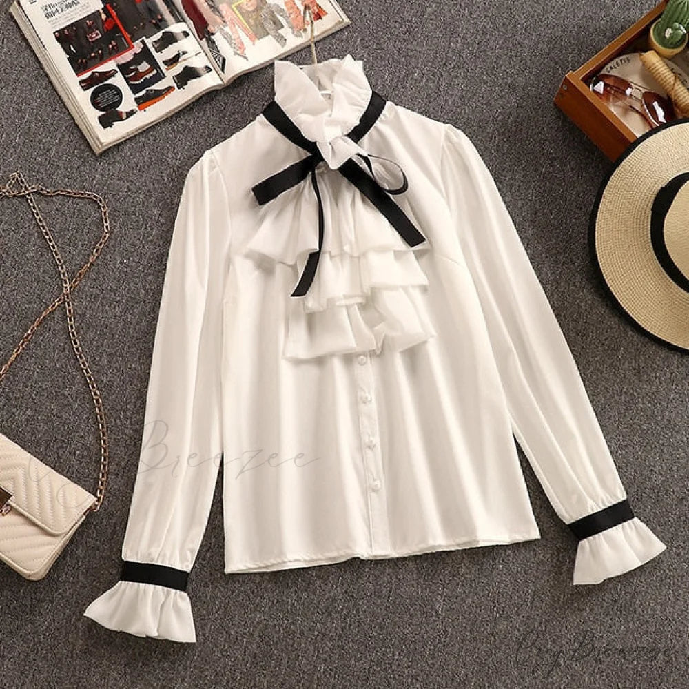 Tweed Elegant Gown Plaid + Chiffon Bow Top Double Breasted Vest Ruffles Blouse Set top only / S