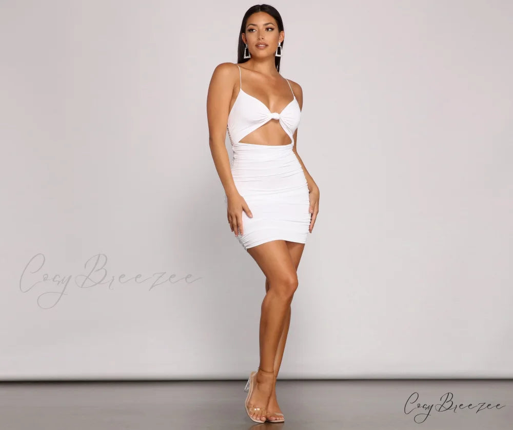 Twist And Pose Charming Ruched Mini Dress
