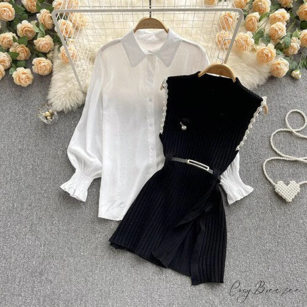 Two-Piece Blouse with Red Cotton Suit and White Sweater Vest White Women’s Spring Belt black / One Size