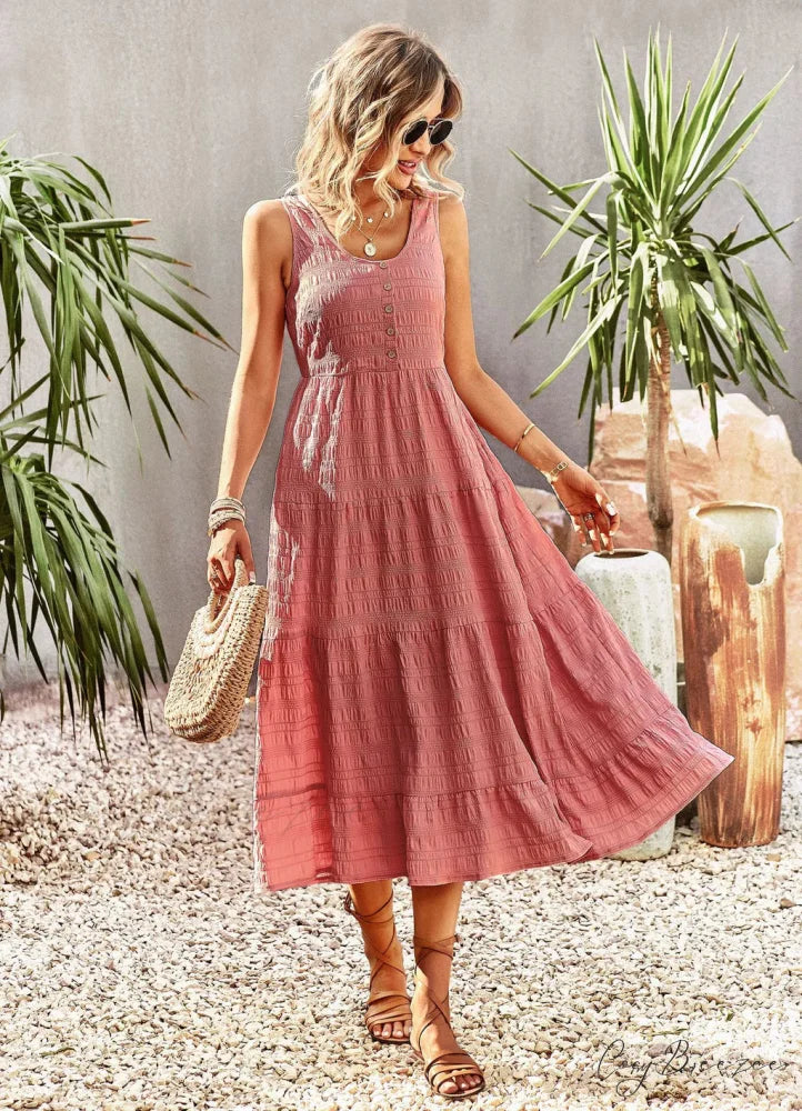 U-Neck Solid Color Dress with Strap M / pink