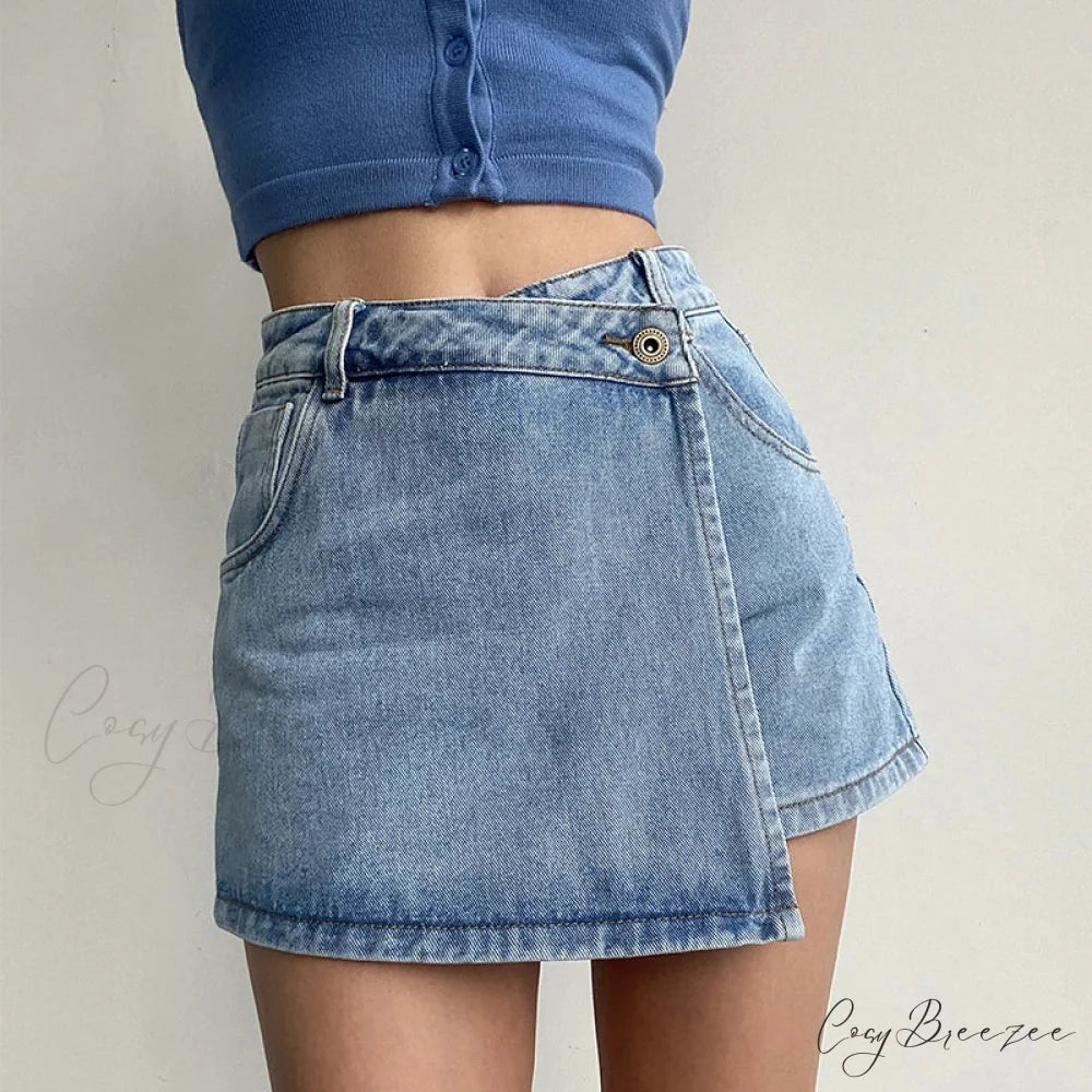 Uneven High Waist Denim Skirt skirts-250223