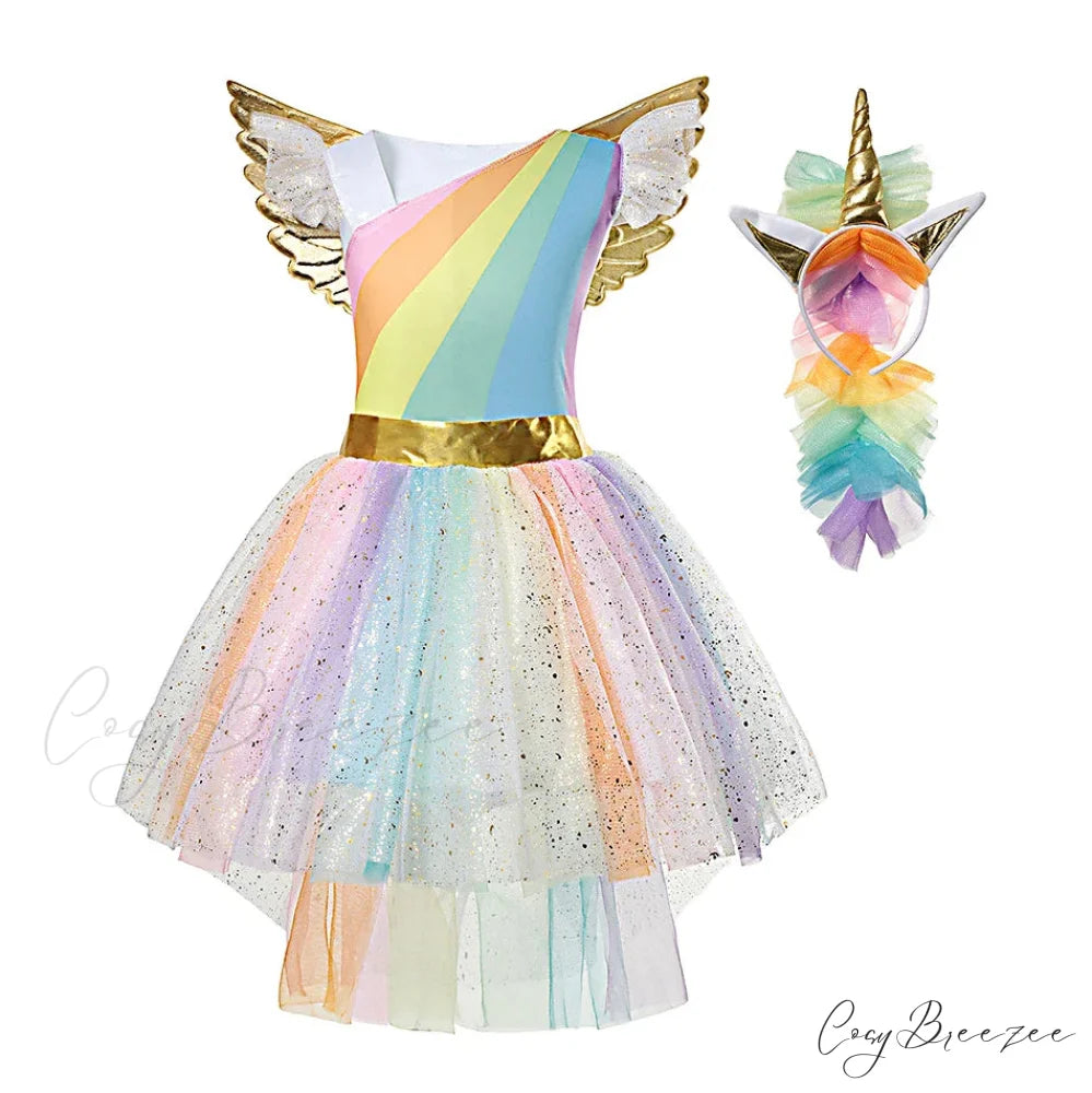 Unicorn Dress Girls Rainbow Princess Dance Ball Birthday Party Halloween Cosplay Costume Kid Costume 3-4T / Set A