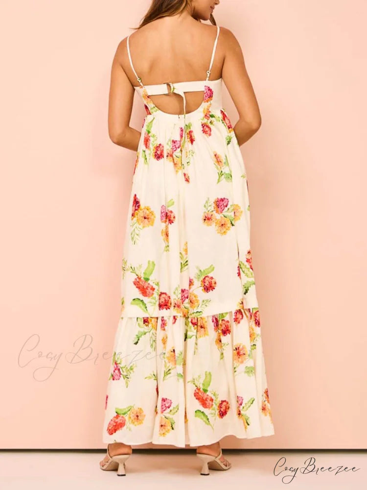 Unique Floral Print Halter Graceful Backless Extra Maxi Dress