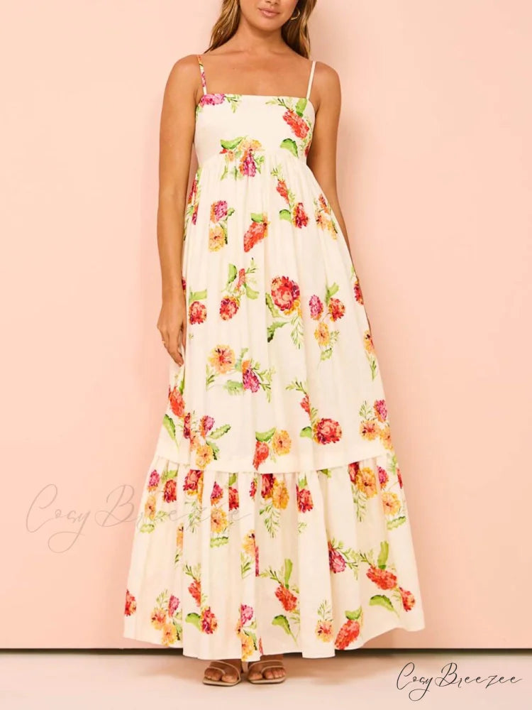 Unique Floral Print Halter Graceful Backless Extra Maxi Dress