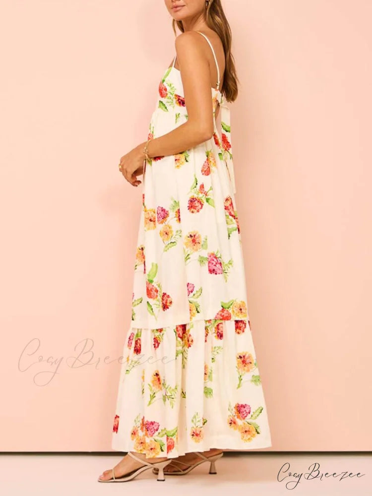 Unique Floral Print Halter Graceful Backless Extra Maxi Dress