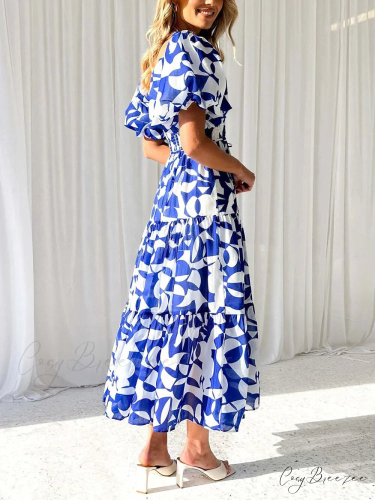 Unique Floral Print Patchwork Graceful Up Pleated Maxi Dress