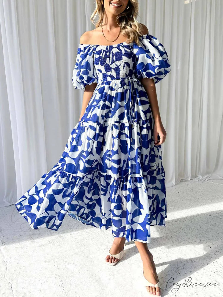 Unique Floral Print Patchwork Graceful Up Pleated Maxi Dress Dark Bule / S