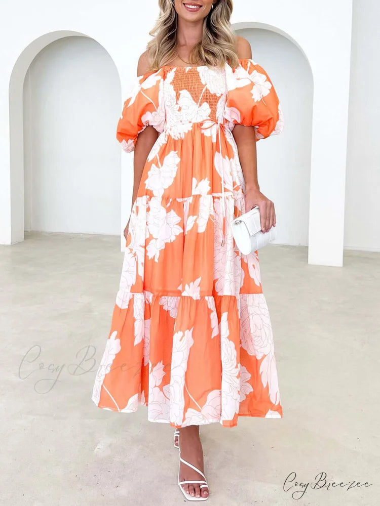 Unique Floral Print Patchwork Graceful Up Pleated Maxi Dress Orange / S