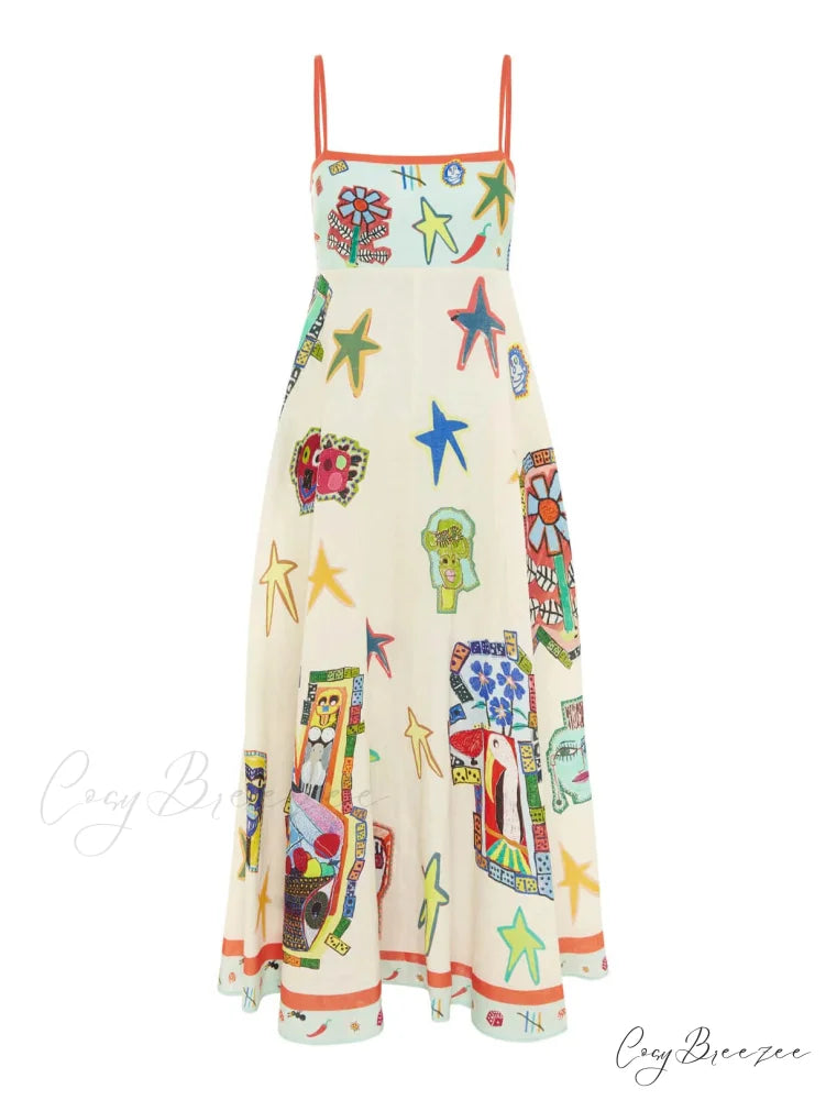 Unique Graffiti Print Suspenders Graceful Long Swing Midi Dress