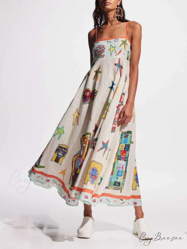 Unique Graffiti Print Suspenders Graceful Long Swing Midi Dress White / S