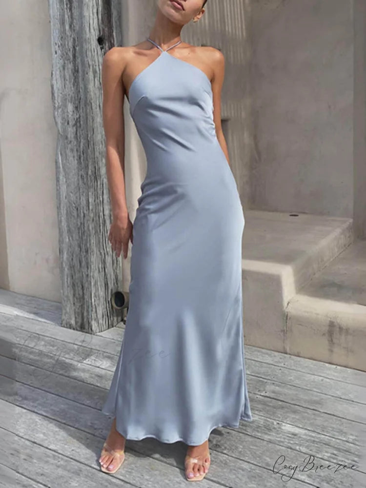 Unique Neckless Stylish Backless Maxi Dresses Misty Blue / S