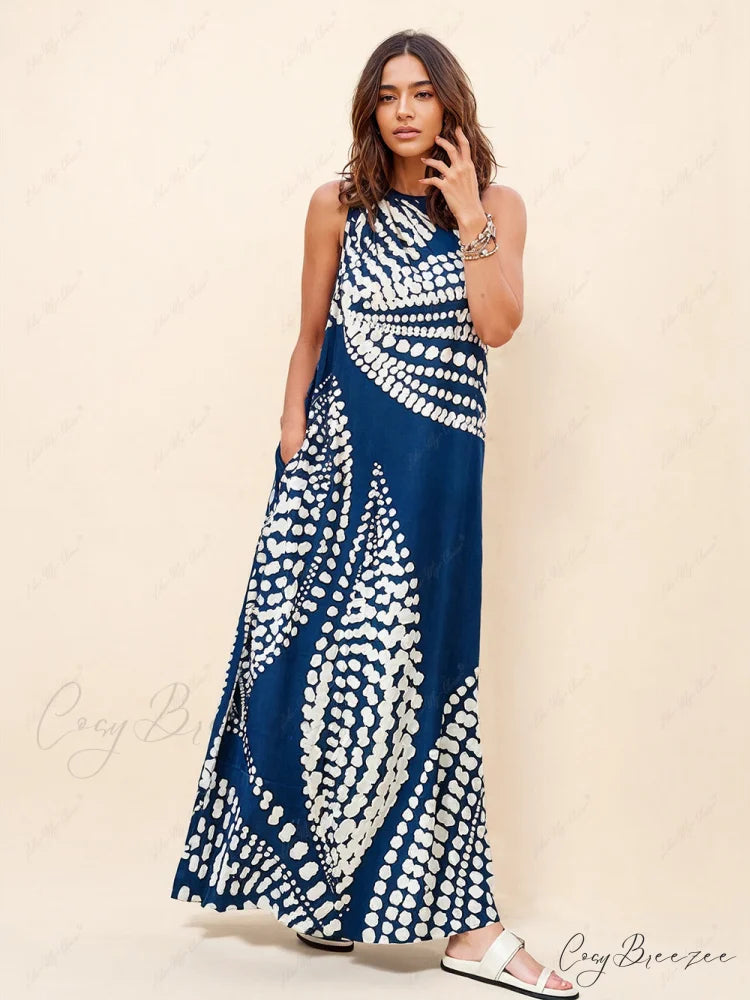 Unique Polka Dot Print Graceful One Shoulder Pocketed Maxi Dress Blue / S