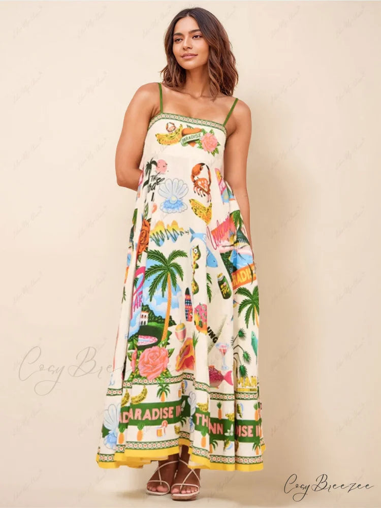Unique Print Smocked Charming Back Pocket Maxi Dress Multicolor / S