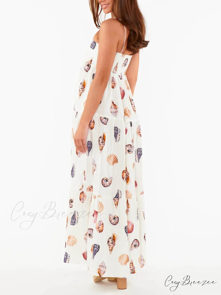 Unique Shell Conch Print Graceful Pleated Pockets Lightweight Maxi Dress