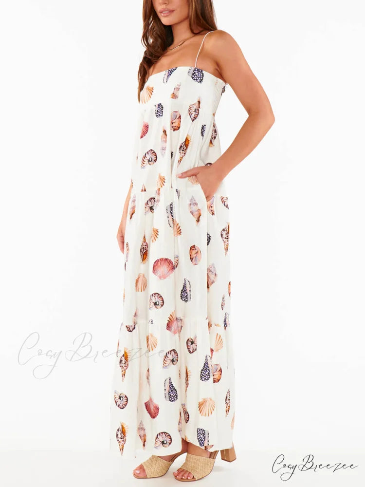Unique Shell Conch Print Graceful Pleated Pockets Lightweight Maxi Dress