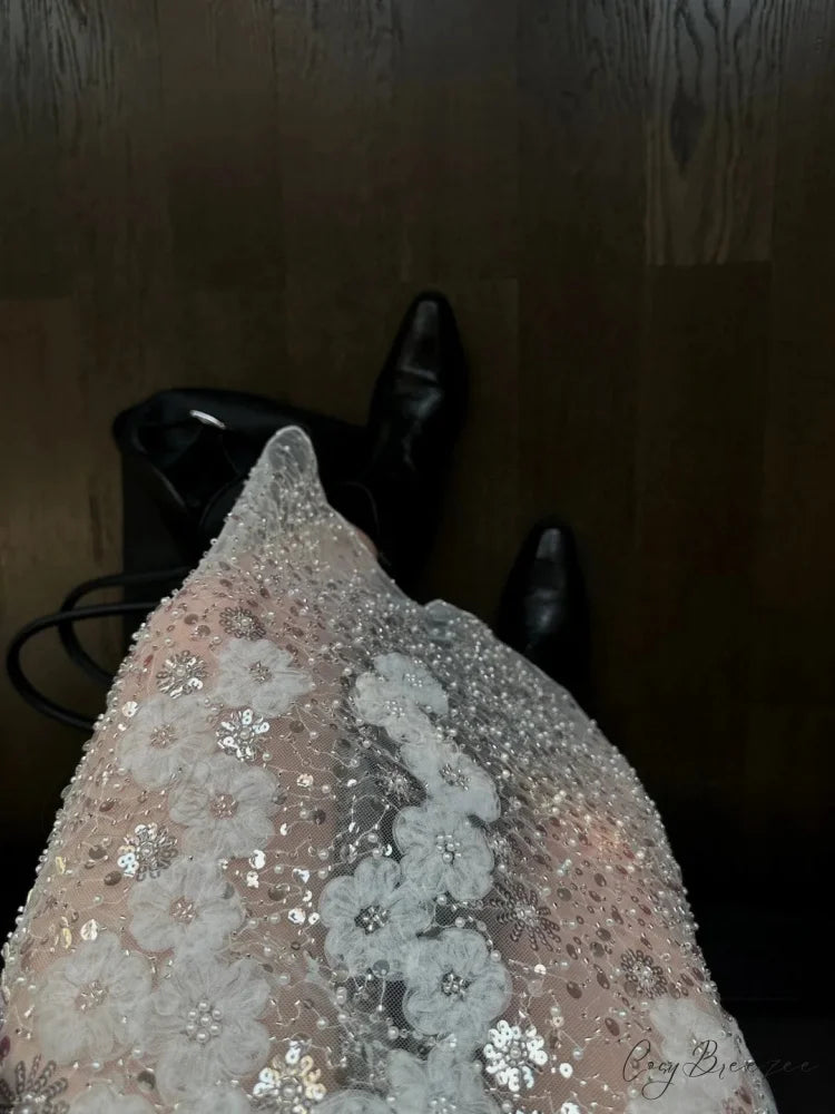 Unique White Lace Beaded Sequins High Waist Skirt Women’s Trend skirt-250126