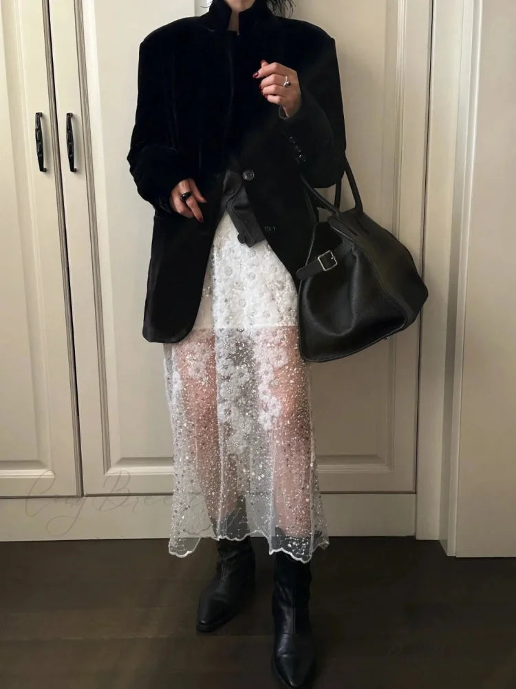 Unique White Lace Beaded Sequins High Waist Skirt Women’s Trend skirt-250126