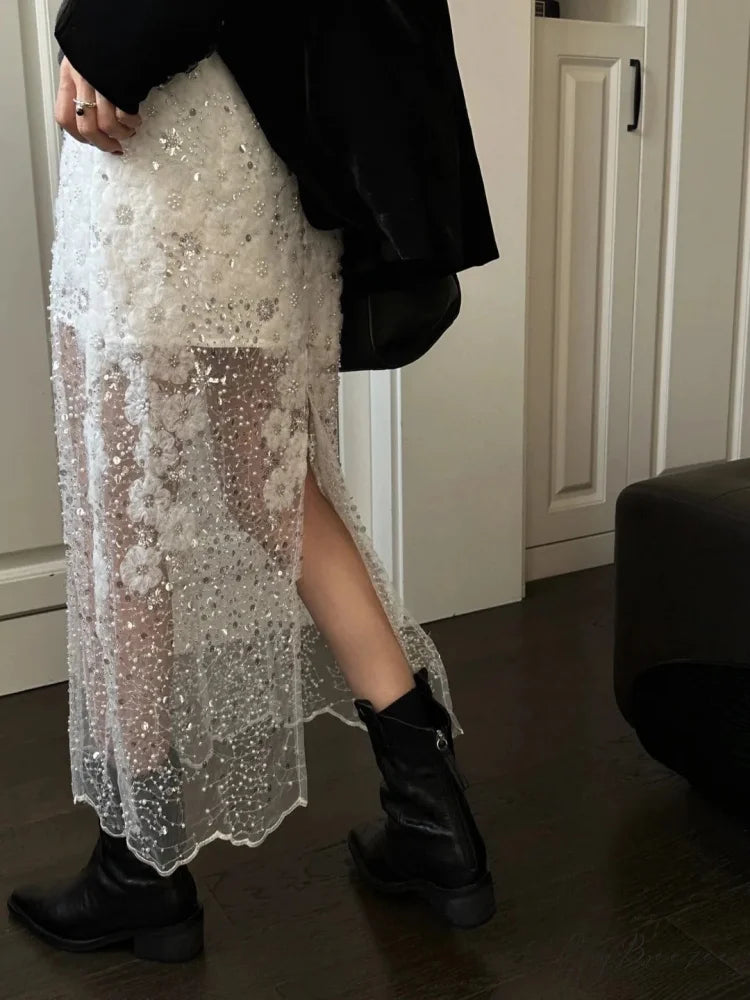 Unique White Lace Beaded Sequins High Waist Skirt Women’s Trend White / S skirt-250126