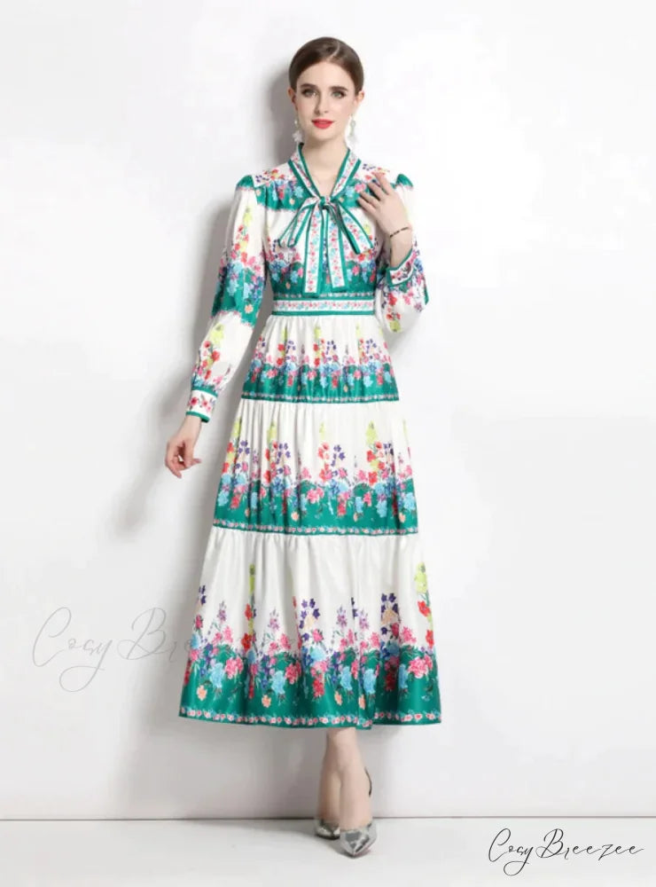Up Arm Lace with Flowered Long Bow Gown Detail S / blue
