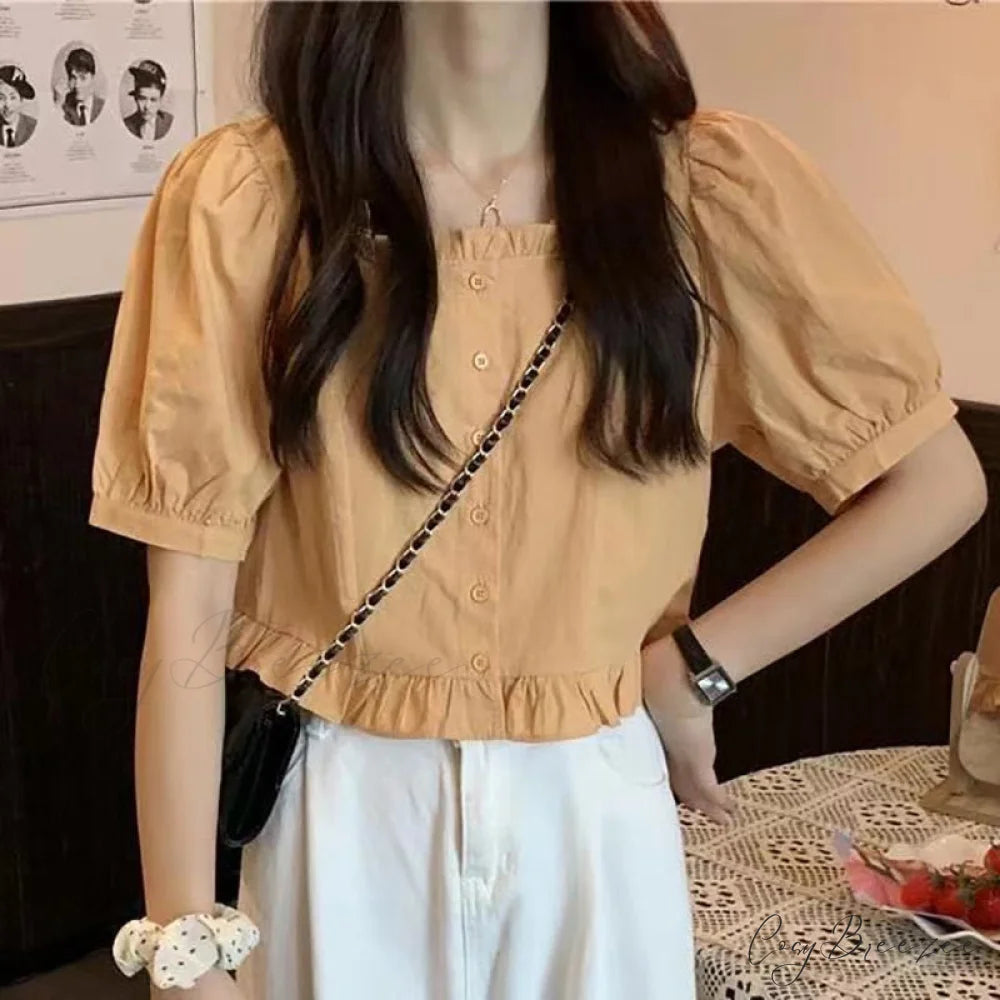 Up Cute Ruffles Women’s Waist Button Blouse Clothing High Puff Youth Crop Warm-Season Top White Arm Elegant Yellow / S