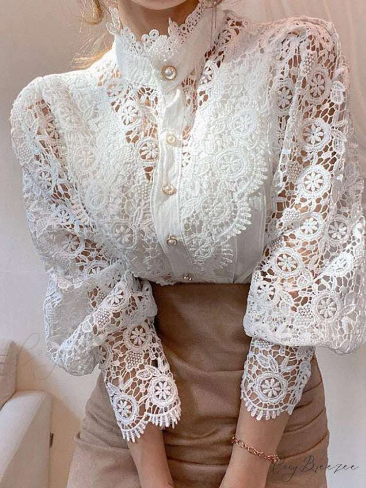 Up Pink Arm Lace Vintage Spliced Button Blouse Women’s Long Casual Top 2-White / S
