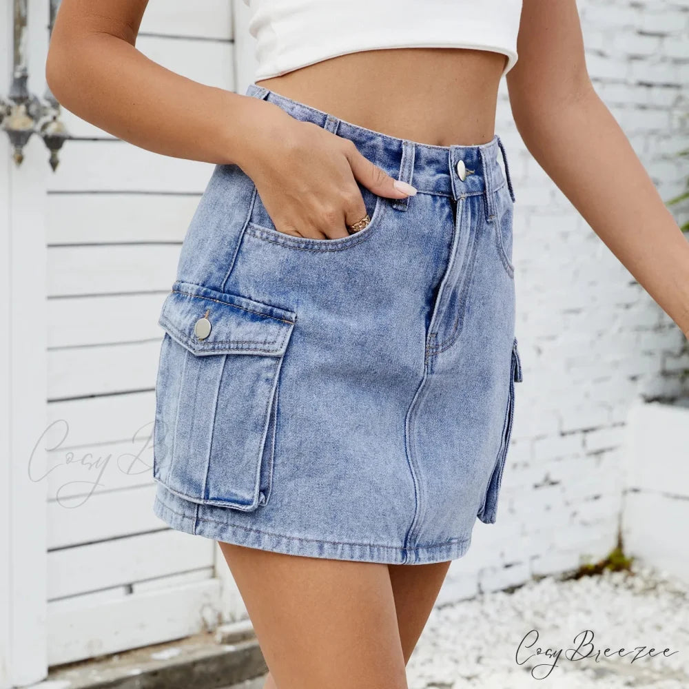 Utility Pocket Washed Denim Skirt Light Blue / S skirts-250223