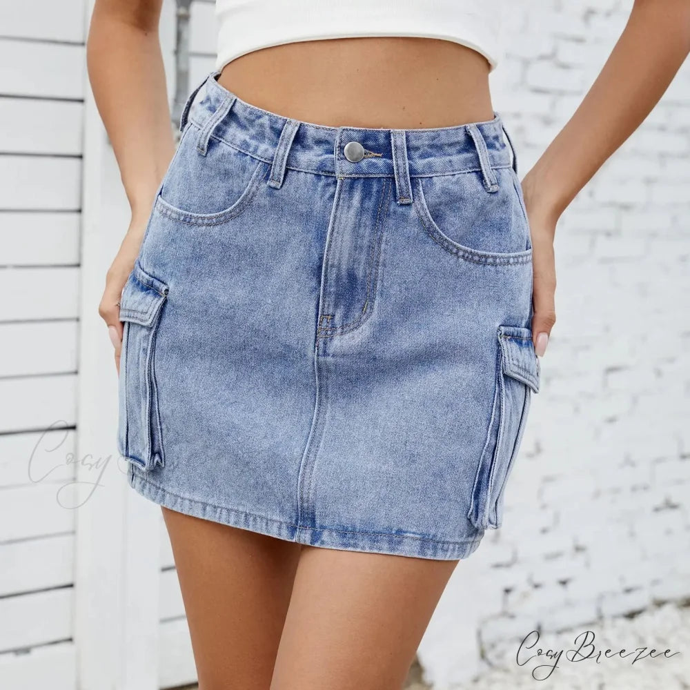 Utility Pocket Washed Denim Skirt skirts-250223