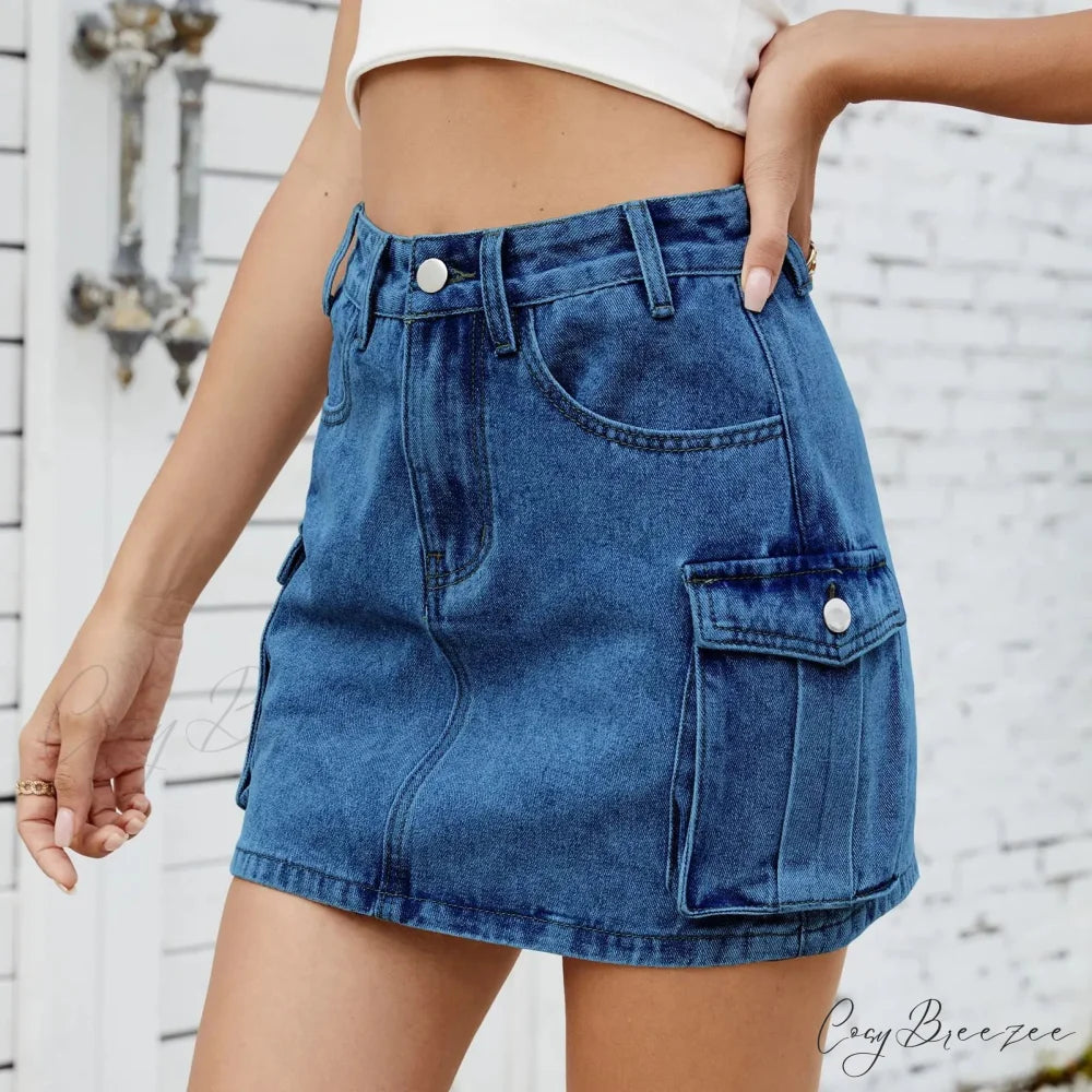 Utility Pocket Washed Denim Skirt skirts-250223