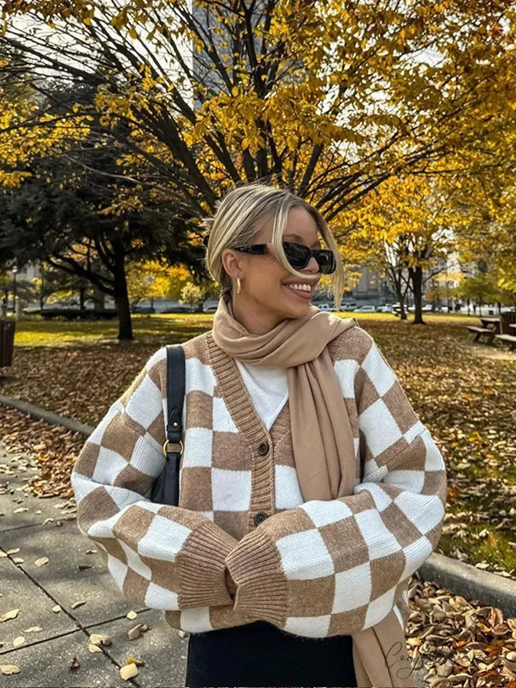 V-nech Square Printed Color Block Cardigan cardigans-241228