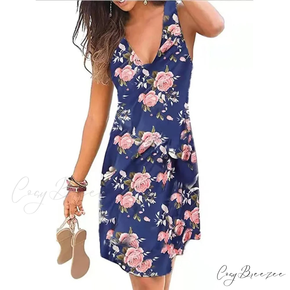 V-Neck A-Line Knee Length Skirt for Women Blue Rose / S