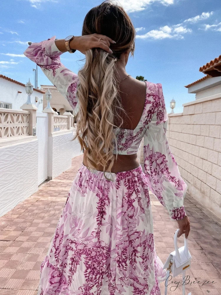 V-Neck Backless Hollow Out Lantern Sleeve Maxi Dress M / PURPLE