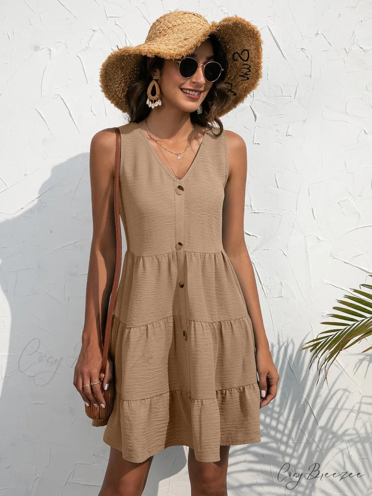 V-Neck Boho Beach Sexy Dresses Khaki / S