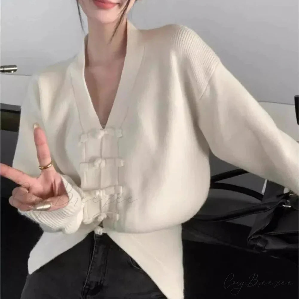 V-neck Buckle Full Sleeve Cardigan cardigans-241228