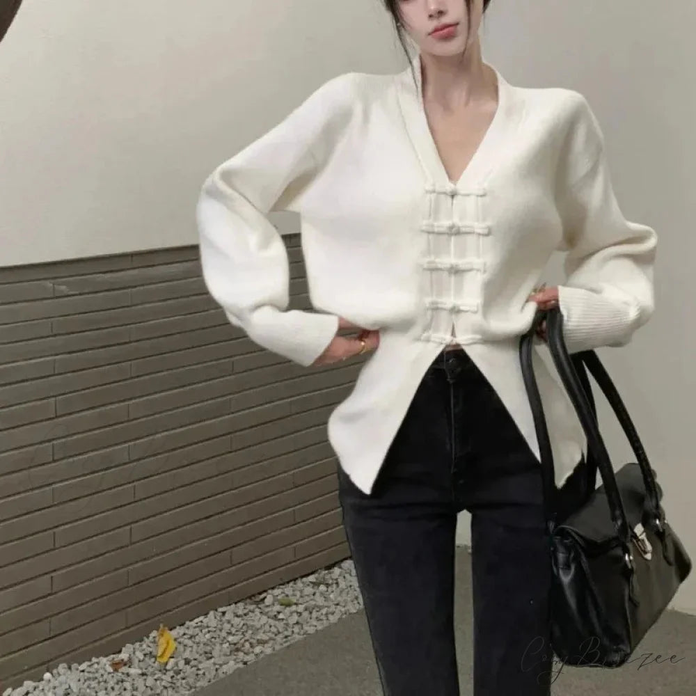 V-neck Buckle Full Sleeve Cardigan cardigans-241228