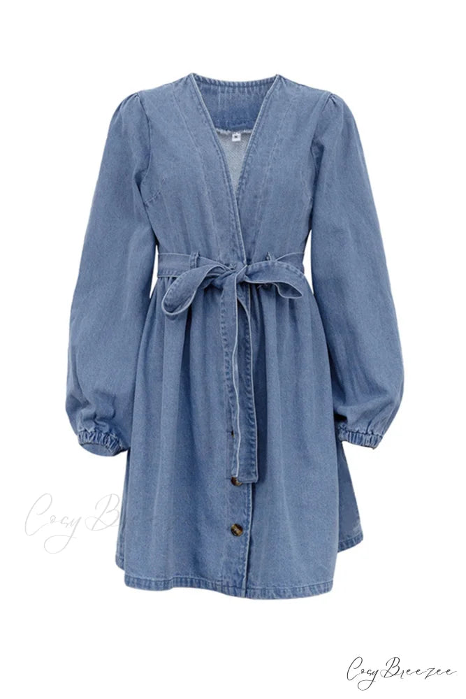 V Neck Button Front Lace Up Denim Dress