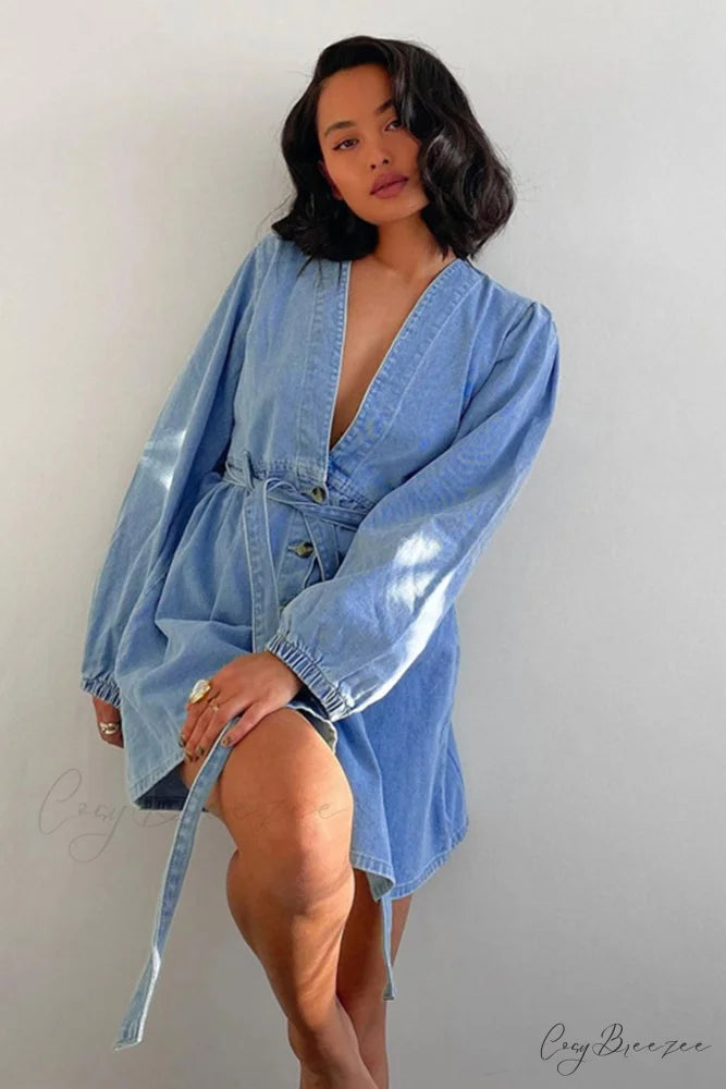 V Neck Button Front Lace Up Denim Dress Blue / L