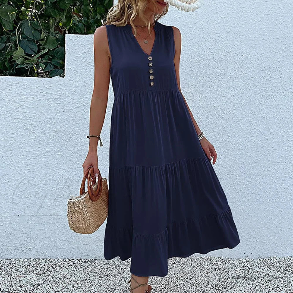 V Neck Button Layered Hem Smock Dress S / Blue