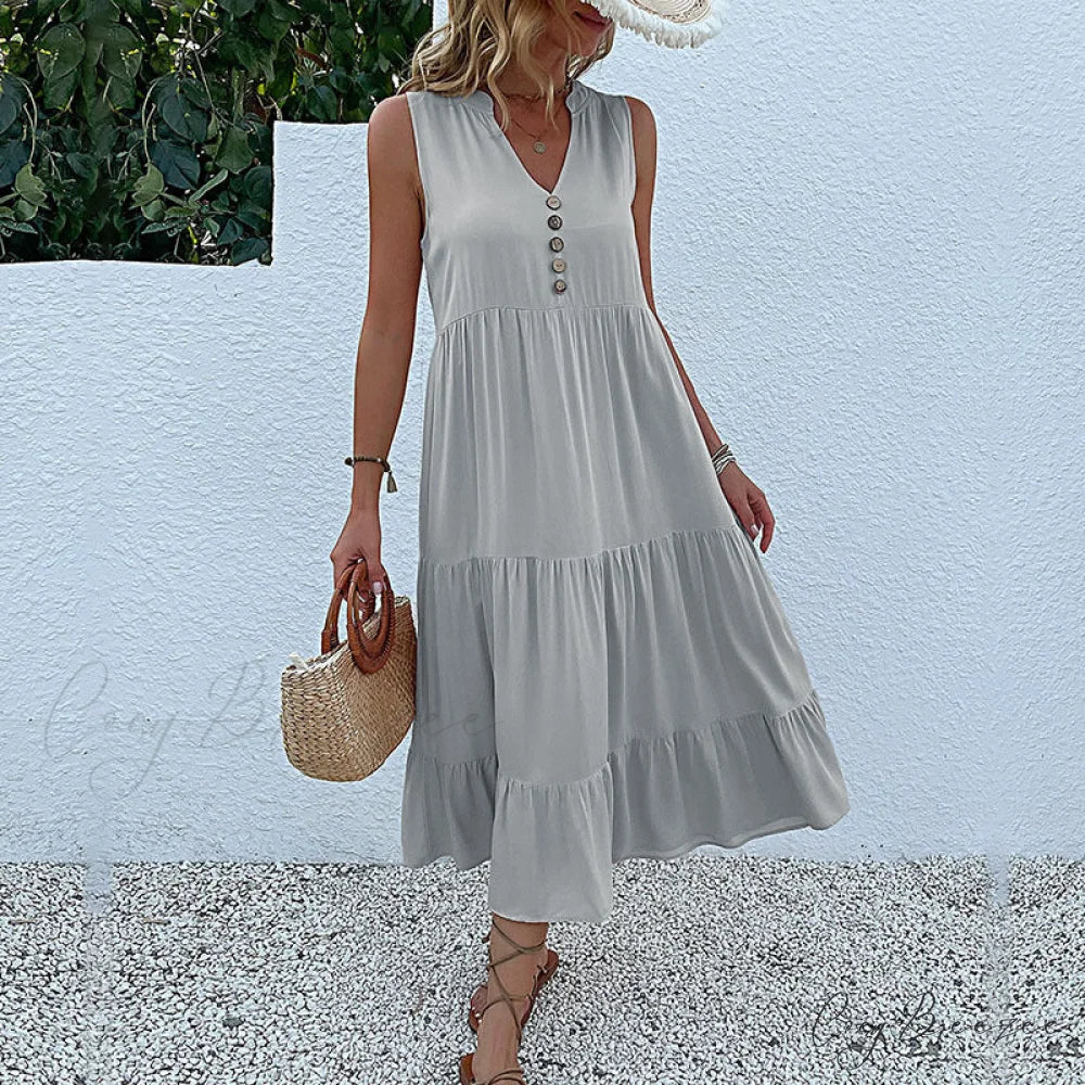 V Neck Button Layered Hem Smock Dress S / Pink