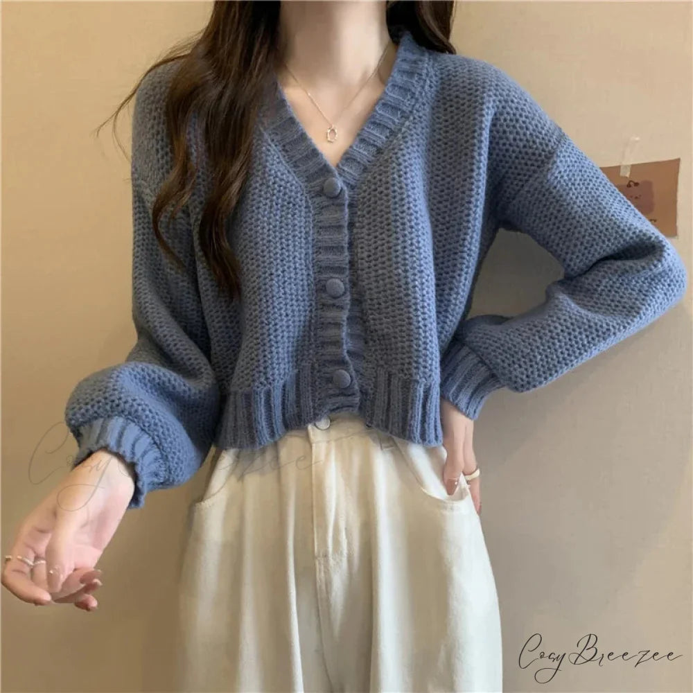V-neck Button-Up Knit Cardigan BLUE / One Size cardigans-241228