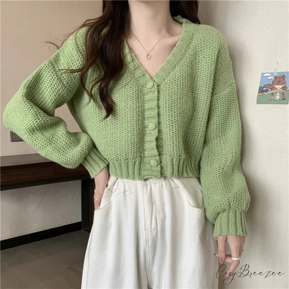 V-neck Button-Up Knit Cardigan GREEN / One Size cardigans-241228