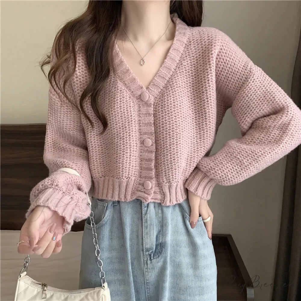 V-neck Button-Up Knit Cardigan PINK / One Size cardigans-241228
