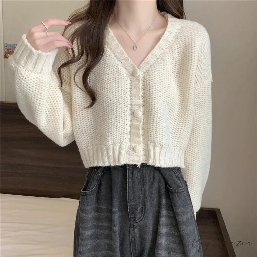 V-neck Button-Up Knit Cardigan WHITE / One Size cardigans-241228