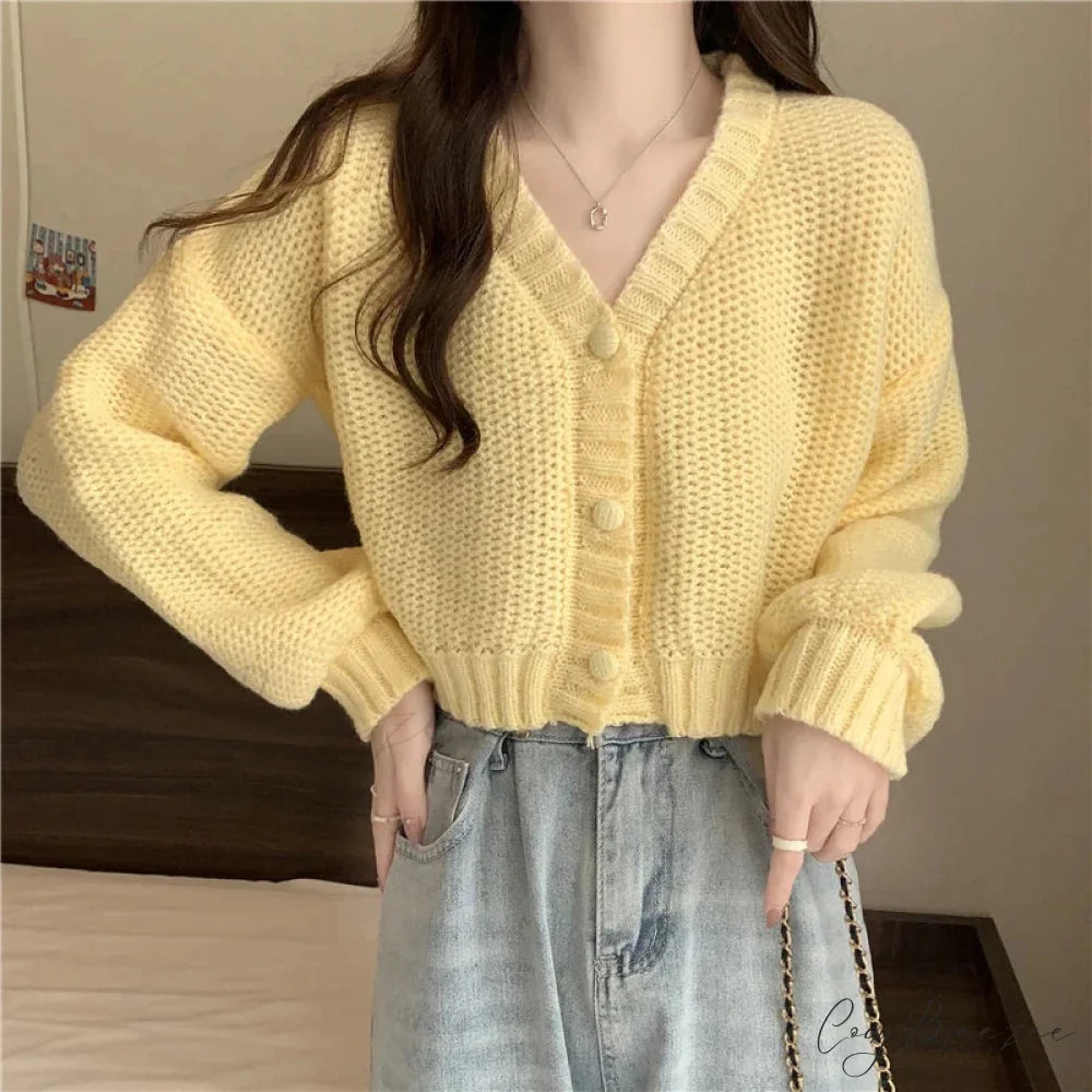 V-neck Button-Up Knit Cardigan YELLOW / One Size cardigans-241228