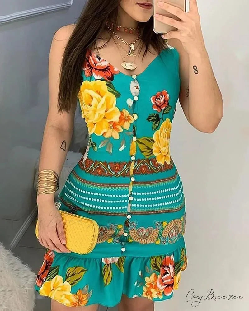 V-neck Buttoned Design Floral Print Dress oldfloraldress-250126