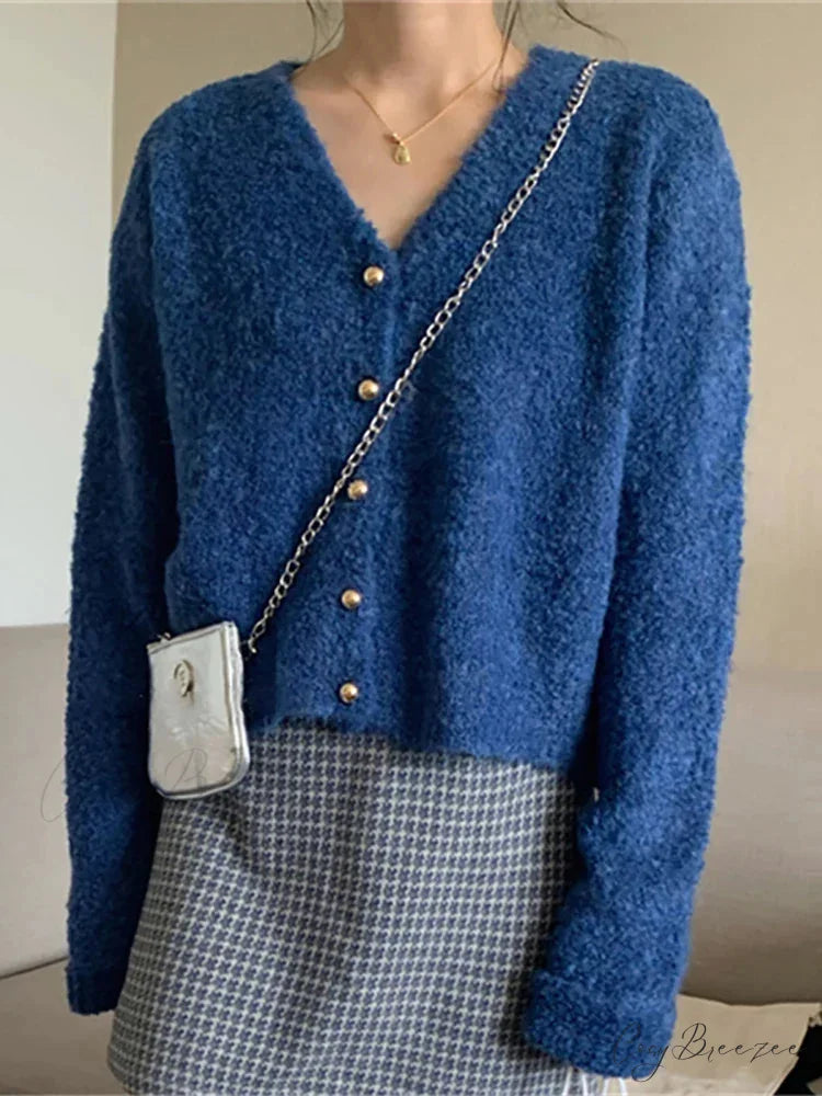 V-neck Cashmere Knit Cardigan Blue / One Size cardigans-241228